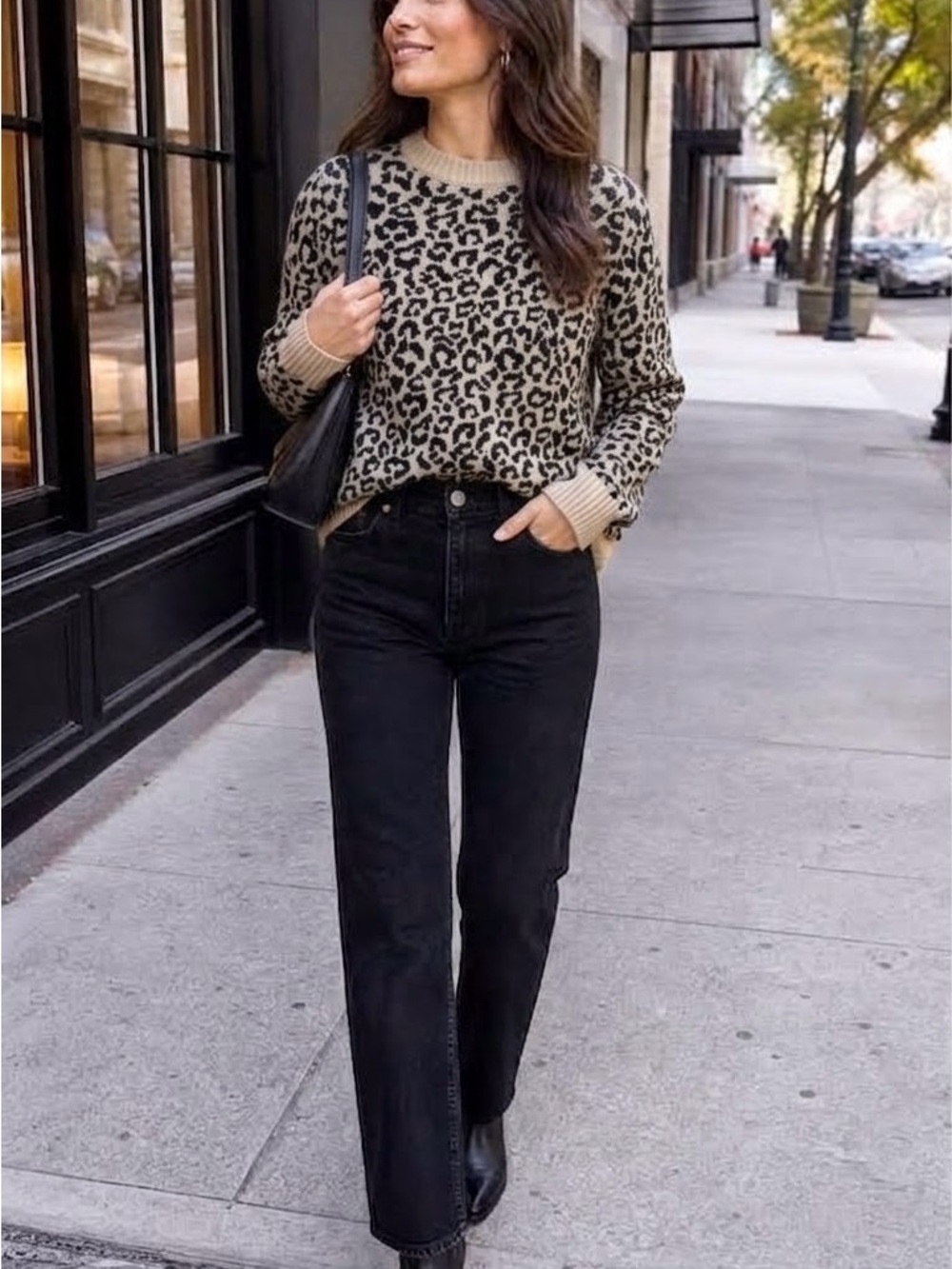 Mango Beige Black Leopard Print Knit Crewneck Sweater Size Medium